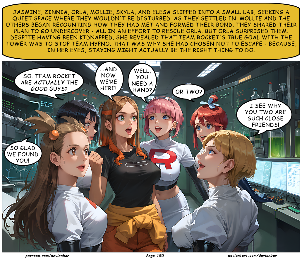 ai_art black_hair blonde_hair brown_hair dark_skin devianbar dialogue elesa jasmine large_breasts long_hair lovrina_(pokemon) mollie_(pokemon) nintendo orla_(pokemon) pink_hair pokemon red_hair short_hair skyla team_hypno team_rocket text zinnia