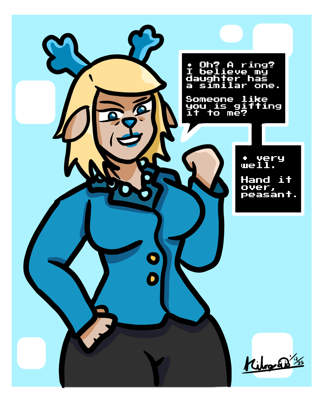 blonde_hair blue_eyes blue_lipstick carol_holiday deltarune dialogue female_only furry horns kilroylucy18 milf reindeer_girl smile smug