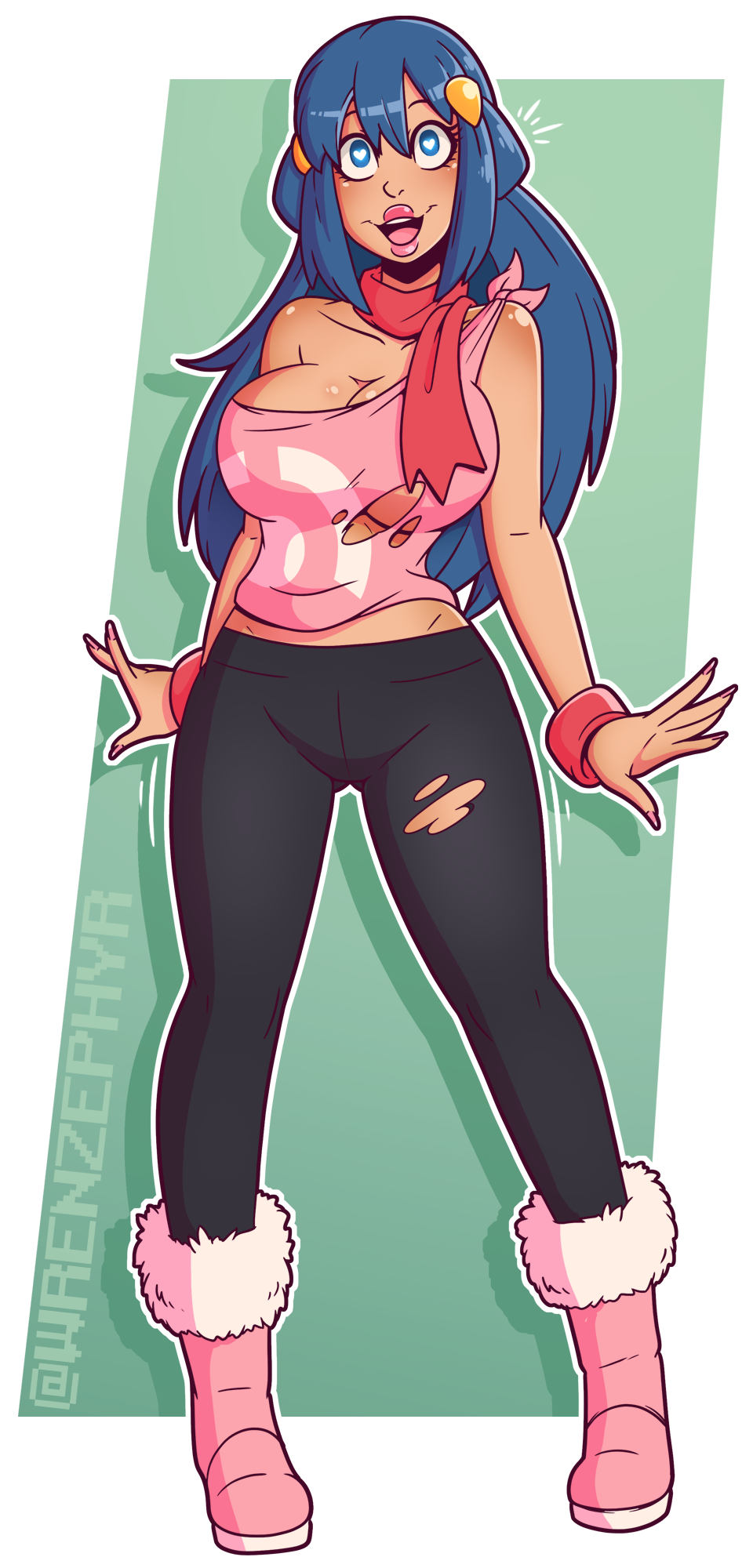 bimbofication blue_eyes blue_hair boots border breast_expansion cleavage clothed collarbone crop_top dawn female_only femsub hair_ornament happy_trance heart_eyes large_breasts lipstick long_nails looking_at_viewer makeup midriff nail_polish nintendo open_mouth pants pokemon scarf simple_background smile solo symbol_in_eyes tied_shirt torn_clothes transparent_background watermark wrenzephyr2