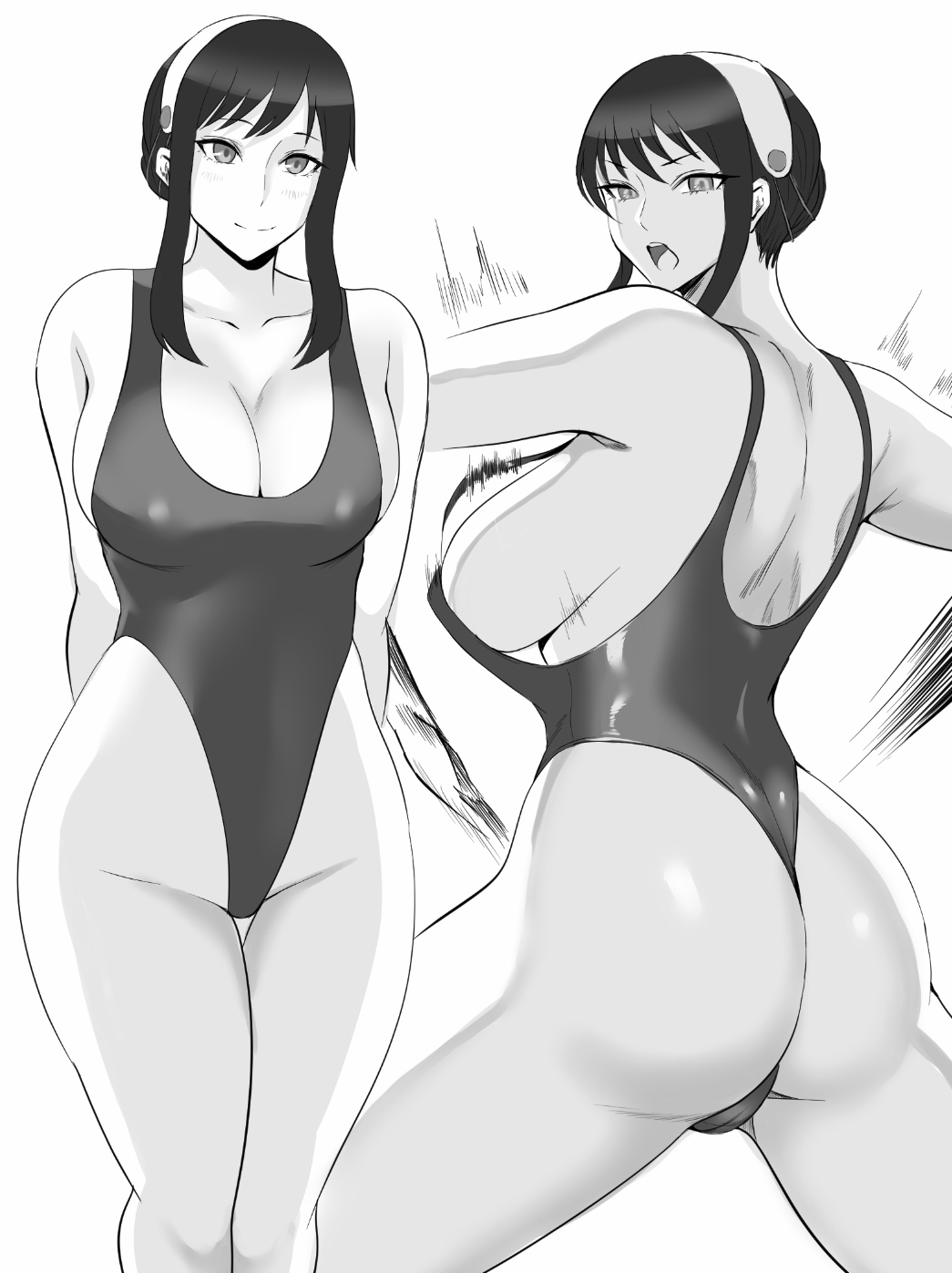 ass blush breasts cameltoe cleavage collarbone erect_nipples erect_nipples_under_clothes femsub greyscale haigure hair_ornament large_breasts large_hips leotard long_hair milf monochrome multiple_views nipples open_mouth shiibara_tetsu sideboob simple_background smile spread_legs spy_x_family thick_thighs thigh_gap thighs tongue white_background yor_briar