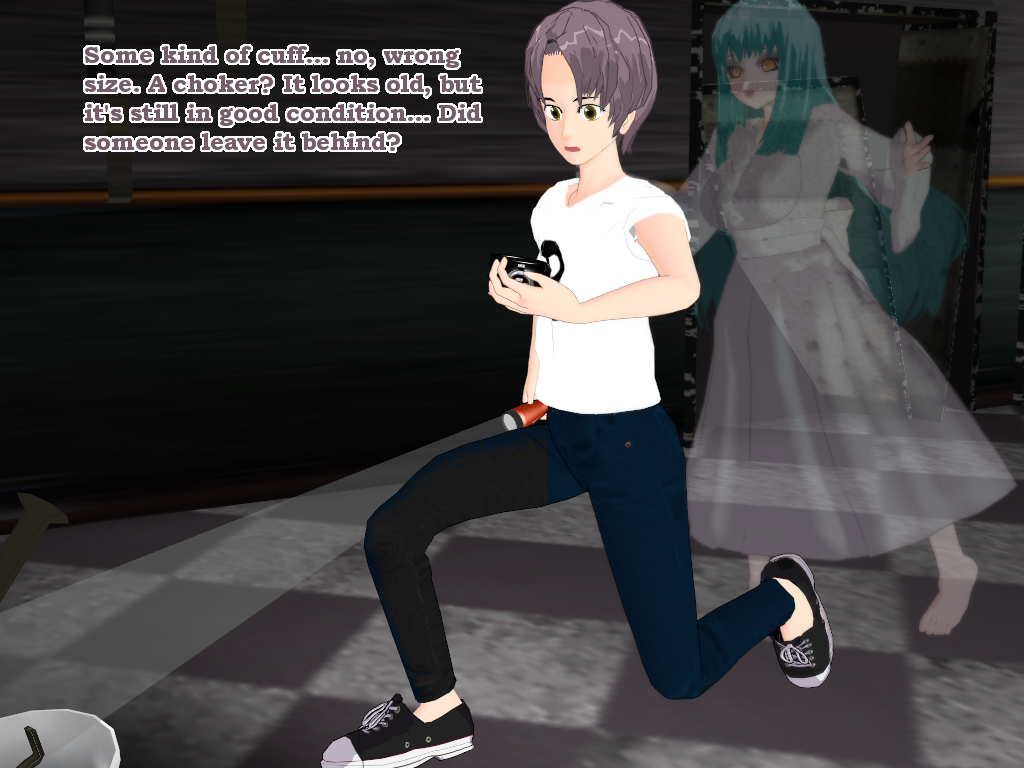 3d brown_hair choker cyan_hair dress flamekin flashlight ghost_girl jeans large_breasts long_hair shirt short_hair sneakers text yellow_eyes