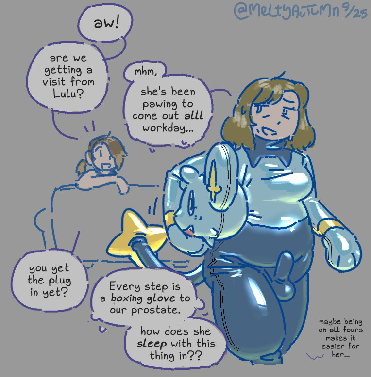 bodysuit brown_hair butt_plug chubby cosplay erection erection_under_clothes female_only femdom femsub grey_background meltyautumn nintendo open_mouth original penis pet_play plurality pokemon ponytail rubber shinx short_hair sitting smile split_personality text transfem transgender_identity yuri