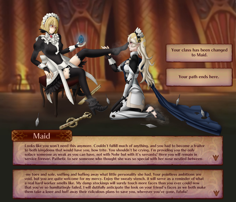 blonde_hair cape clothed corrin_(fire_emblem) crystal empty_eyes female_only femdom femsub fire_emblem fire_emblem_fates foot_worship humiliation kneeling long_hair maid maid_headdress nintendo red_hair ruined_life short_hair sitting smirk squeaky-sin tears text thighhighs unhappy_trance