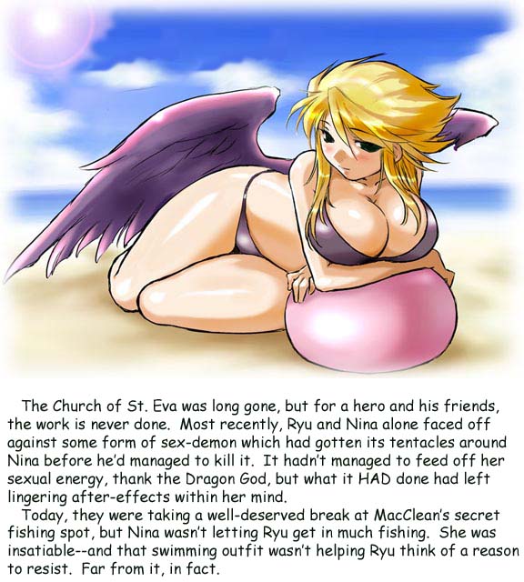 beach bikini blonde_hair breasts breath_of_fire_ii caption empty_eyes female_only femsub large_breasts maledom nina short_hair solo text wings