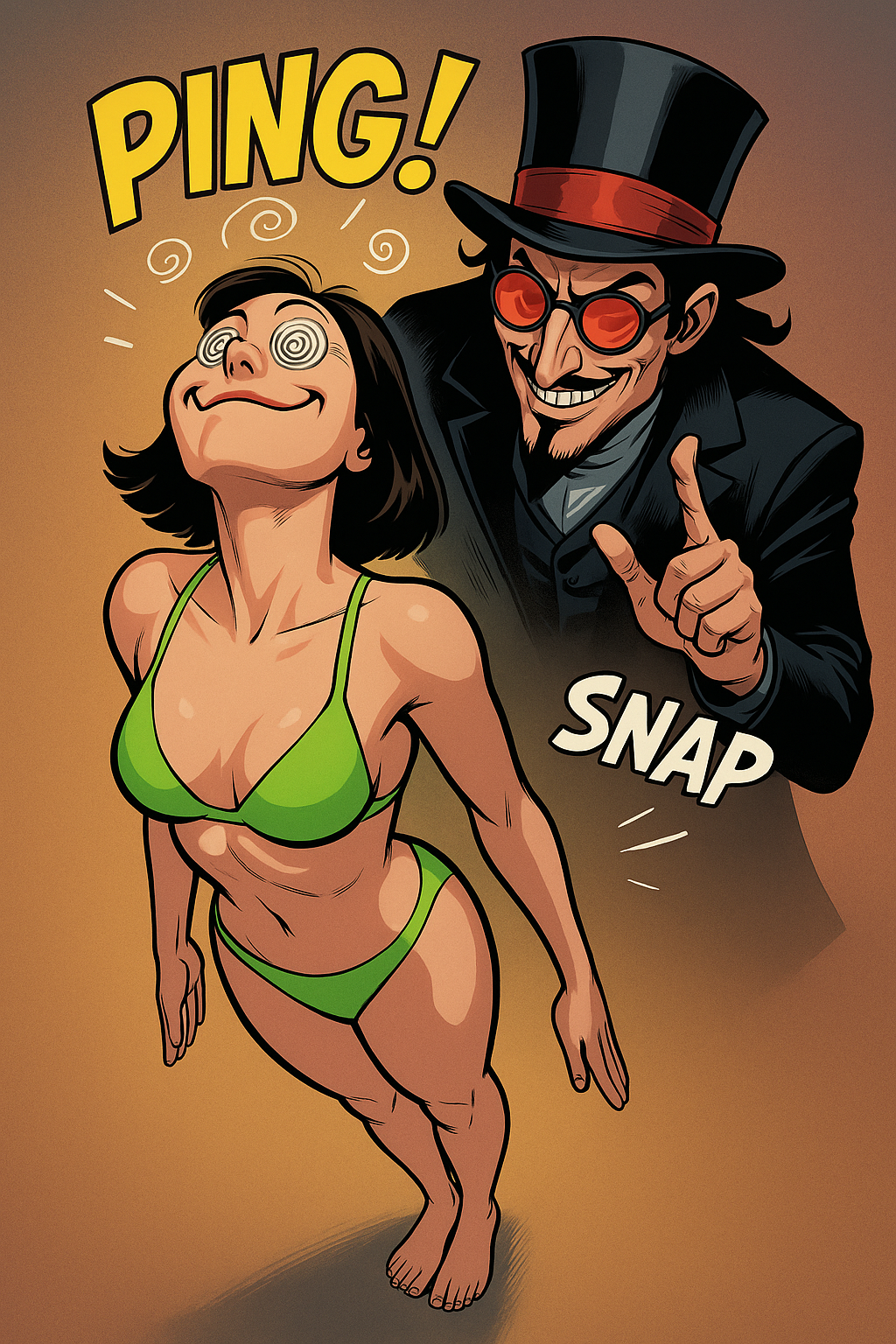 ai_art barefoot beard bikini bikini_bottom bikini_top black_hair clothed collarbone feet femsub fortunadoe_(generator) glasses happy_trance hat instant_loss magician maledom navel ping short_hair smirk spiral_eyes standing standing_at_attention text