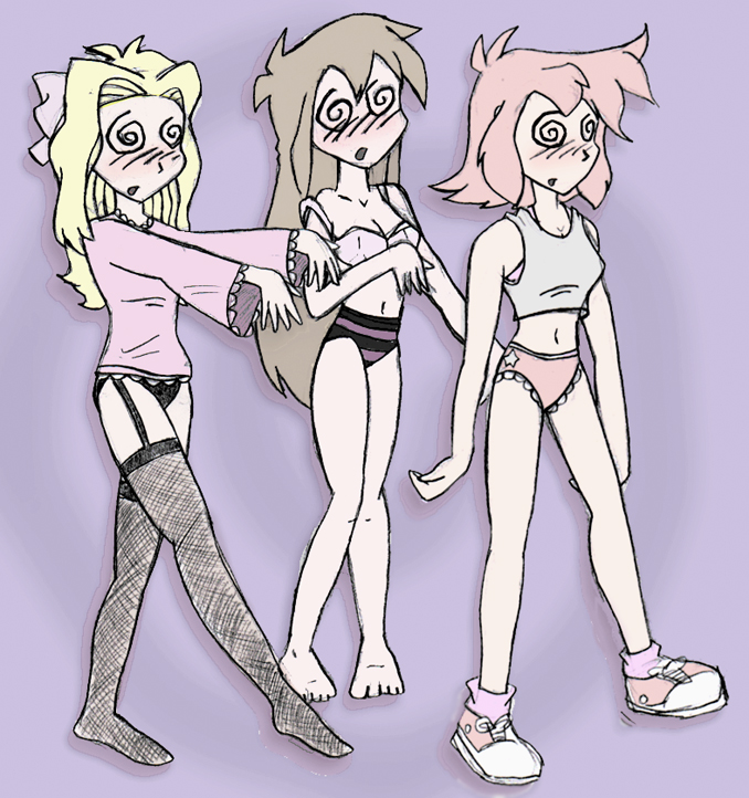 blonde_hair brown_hair expressionless female_only femsub fishnets karma-x lingerie long_hair multiple_girls multiple_subs original pink_hair red_hair short_hair spiral_eyes symbol_in_eyes thighhighs traditional underwear zombie_walk