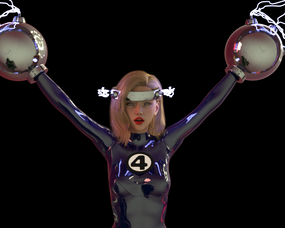 3d arms_above_head black_background blonde_hair bodysuit corruption dazed electricity fantastic_four female_only femsub headband hypnovideotoo lipstick long_hair marvel_comics restrained rubber simple_background solo susan_storm tech_control white_eyes