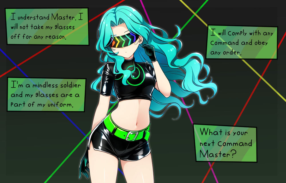 ai_art belt crop_top cx9000_(generator) dialogue hypnoshades latex navel nintendo sailor_moon_(series) sailor_neptune shorts speech_bubble splatoon sunglasses tech_control visor