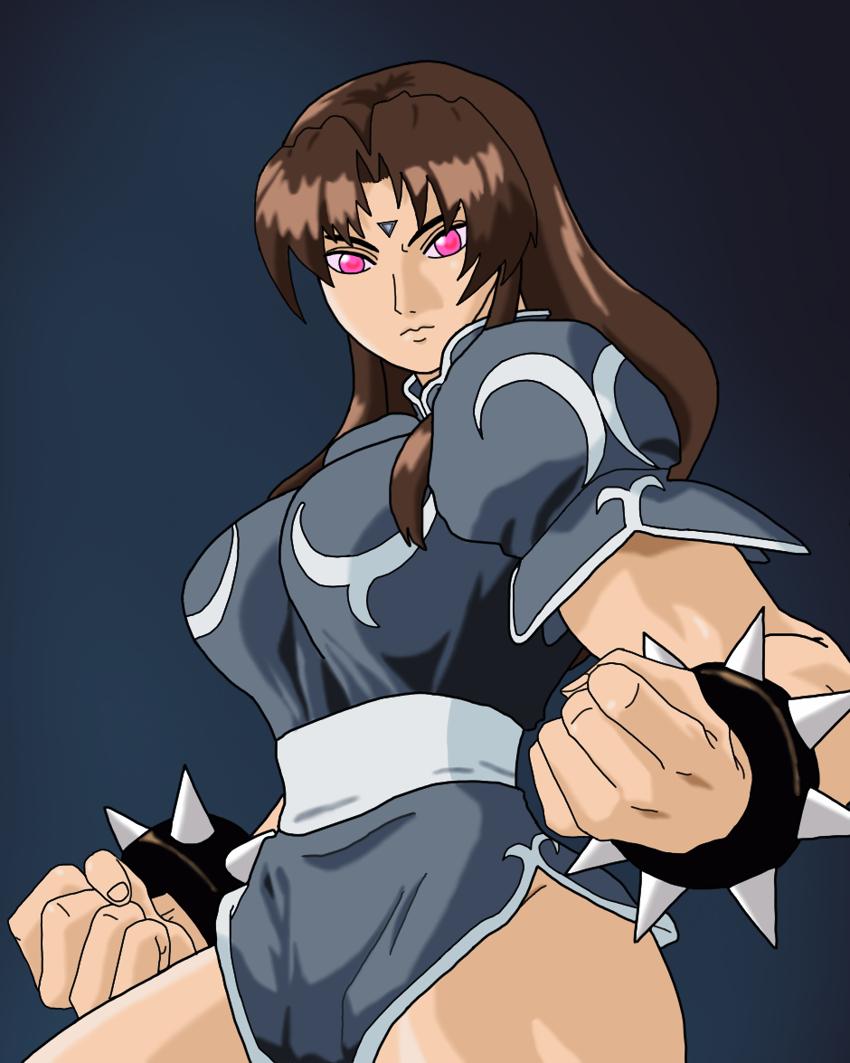 angry bangs blue_background breasts brown_hair capcom chun-li chunlimc cuffs empty_eyes expressionless female_only femsub gradient_background leotard long_hair microchip pink_eyes simple_background solo street_fighter street_fighter_ii_v tech_control wide_hips