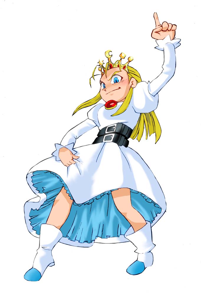 aware bare_legs belted_skirt blue_eyes body_control capcom cyberbots dancing devilot_de_deathsatan_ix dress embarrassed female_only femsub legs long_hair onnaski princess project_x_zone skirt skirt_lift slit_pupils smile solo white_background