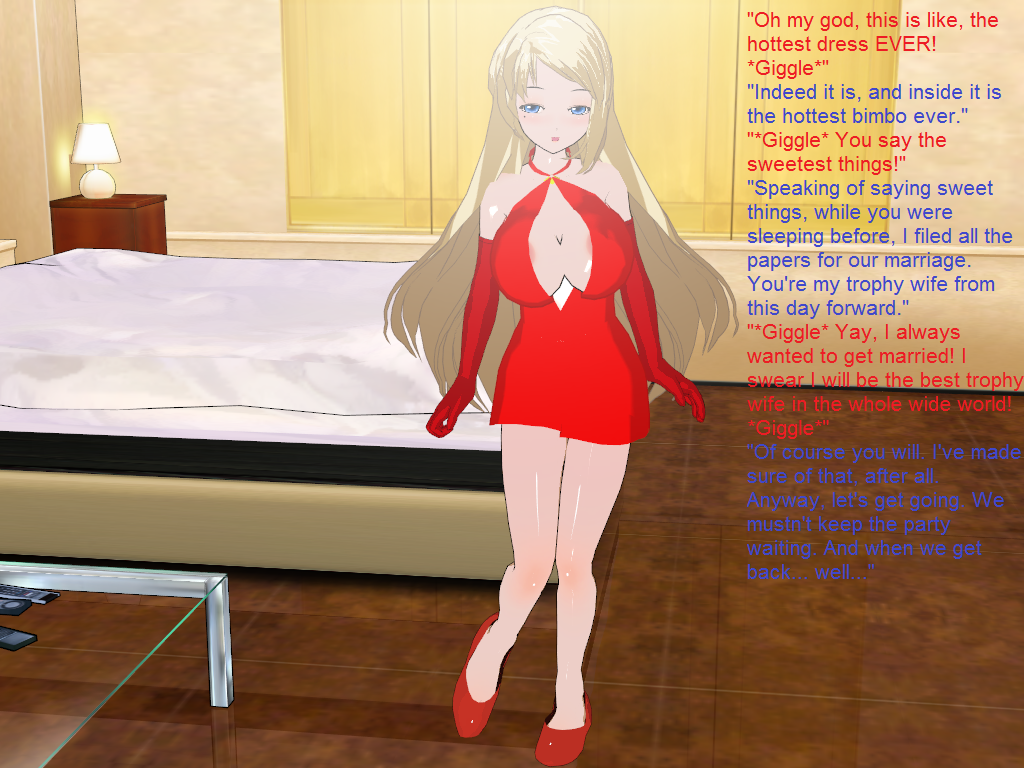 3d 3d_custom_girl bare_legs bed bimbofication blonde_hair blue_eyes brain_drain breasts cleavage dress femsub gloves henshin-san high_heels large_breasts long_hair opera_gloves text