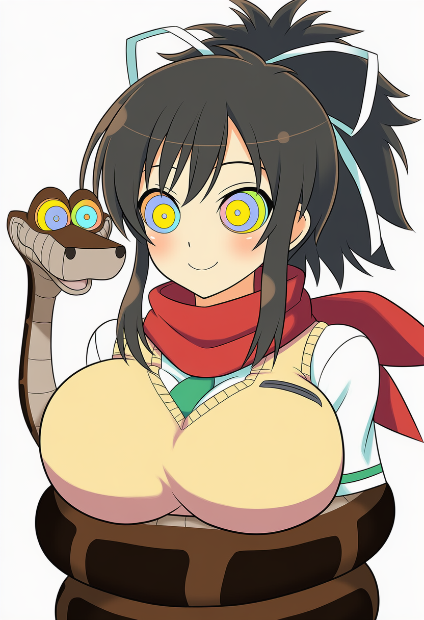 ai_art asuka_(senran_kagura) brown_hair coils disney femsub hair_ribbon happy_trance kaa kaa_eyes large_breasts maledom ponytail school_uniform senran_kagura simple_background the_jungle_book valukore_(generator)