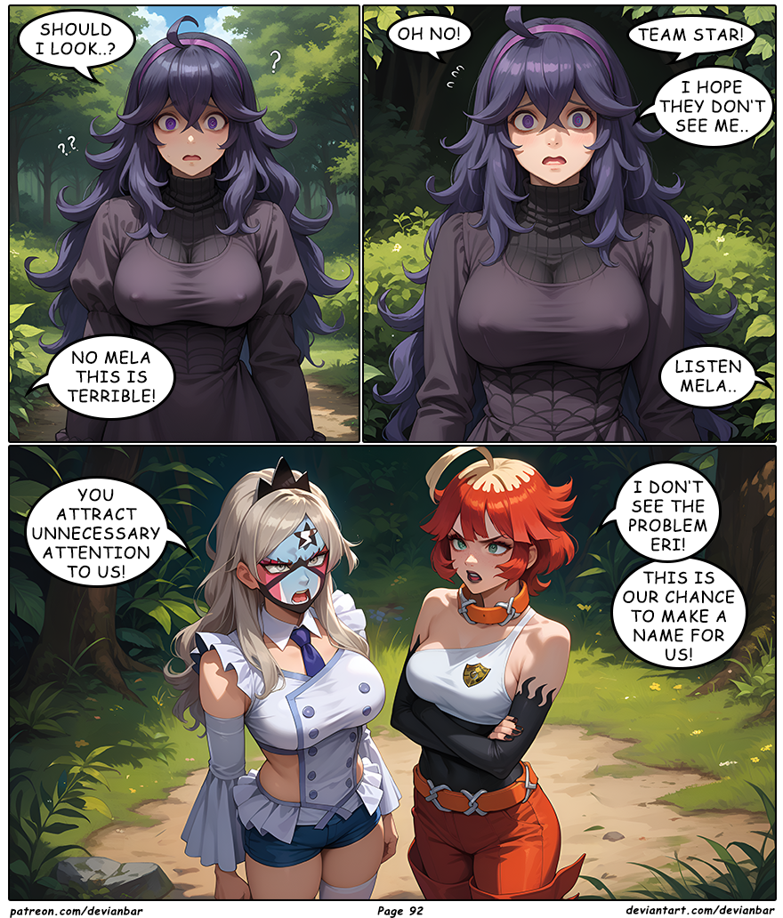 ai_art blonde_hair devianbar dialogue eri_(pokemon) hex_maniac large_breasts long_hair mela_(pokemon) nintendo pokemon purple_hair red_hair short_hair team_hypno team_star text