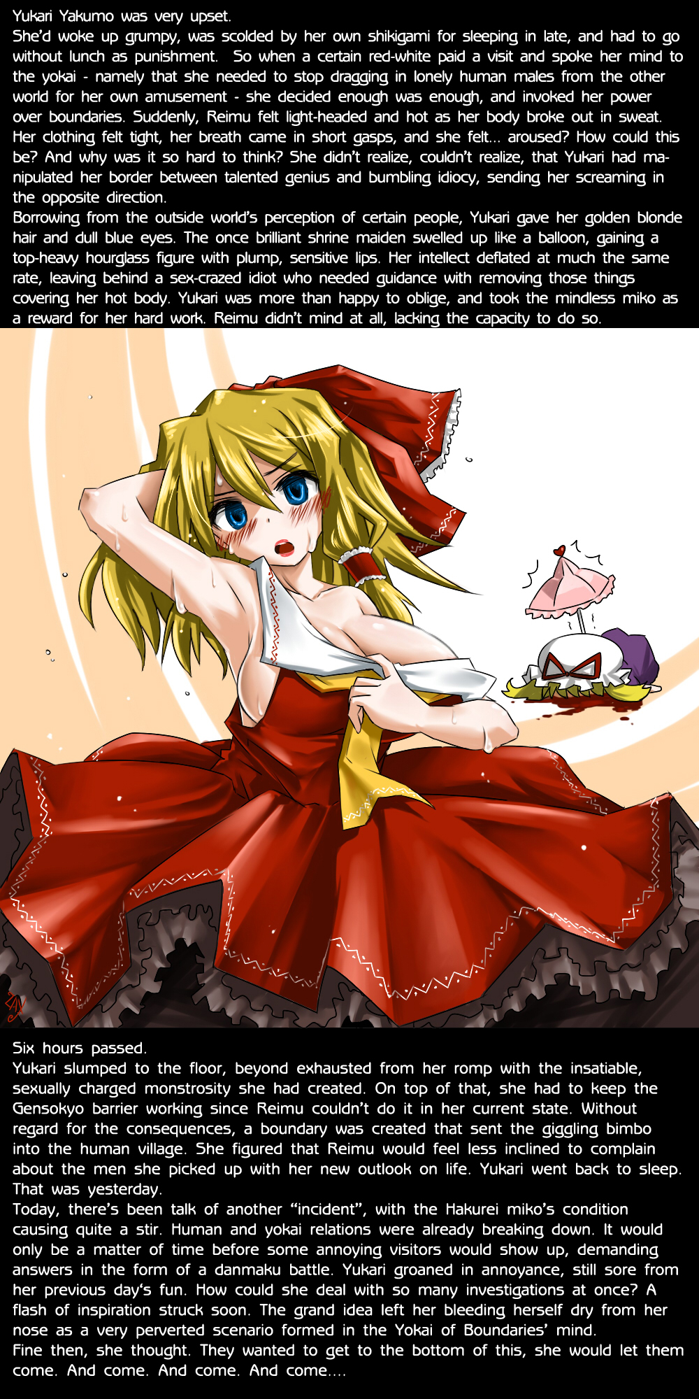 alternate_hair_color bimbofication blonde_hair blue_eyes blush brain_drain caption caption_only empty_eyes female_only femdom femsub manip reimu_hakurei text touhou yukari_yakumo