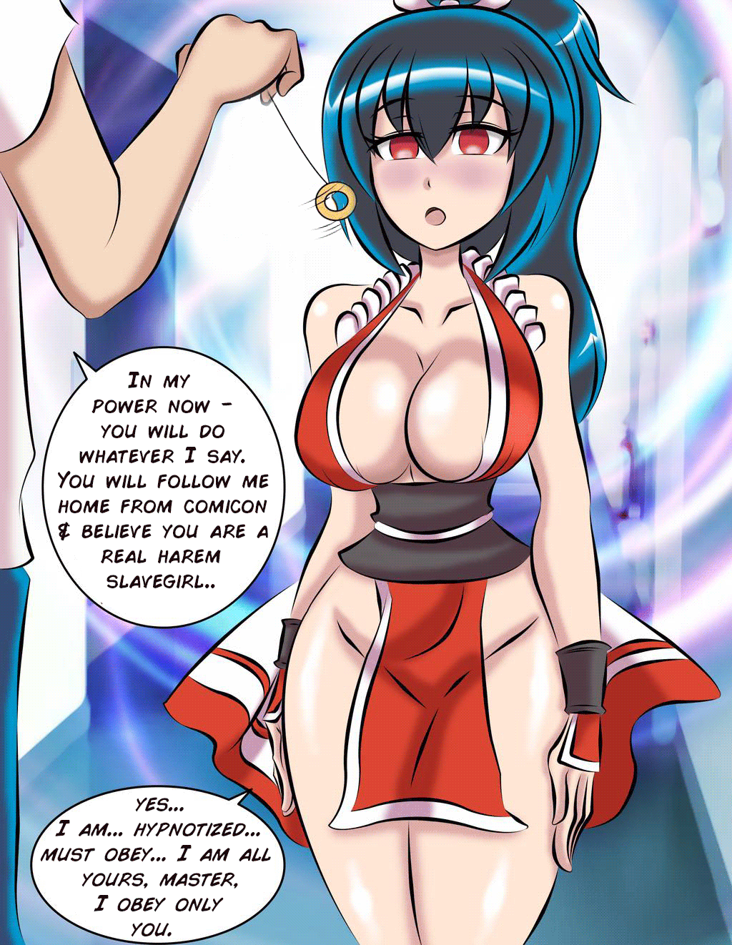 animated animated_gif black_hair cleavage coin cosplay costume cuffs english_text fatal_fury femsub harem hypme_(manipper) king_of_fighters mai_shiranui maledom multicolored_eyes pendulum ponytail speech_bubble standing standing_at_attention text thick_thighs zorro-zero