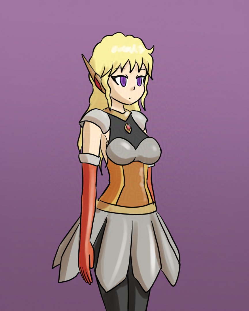 alternate_costume armor blonde_hair breasts clothed ellen_(nobody-kadaj) empty_eyes expressionless femsub gloves mythkaz opera_gloves original purple_background purple_eyes simple_background solo standing very_long_hair
