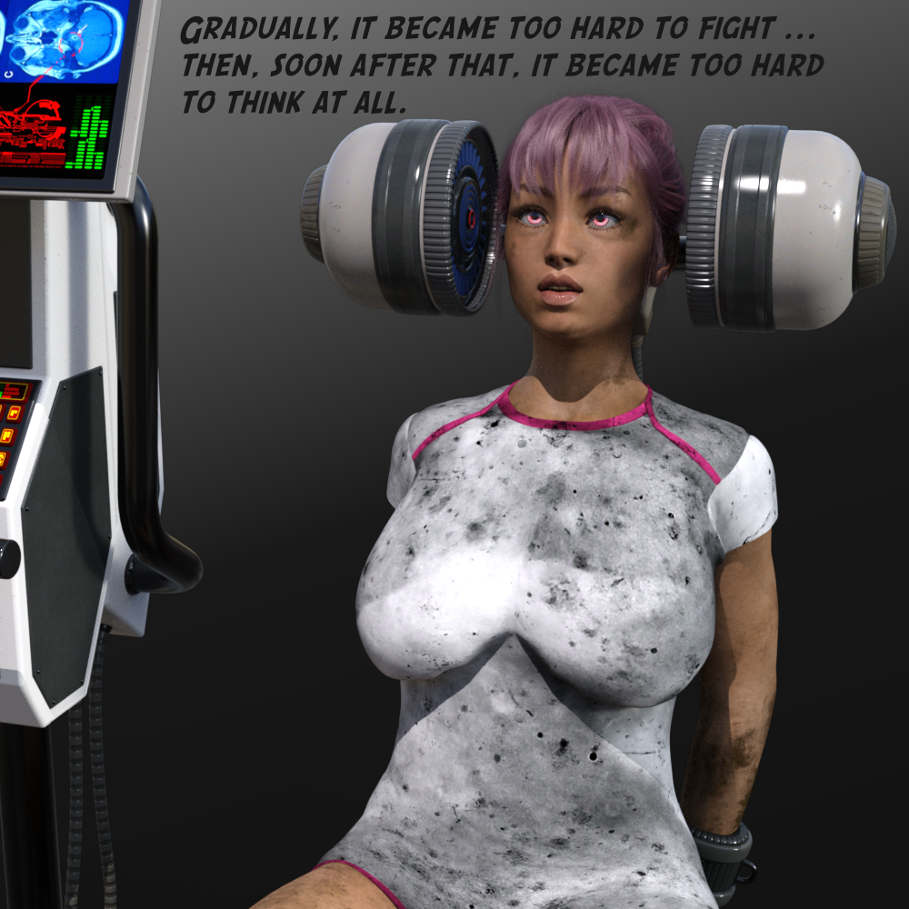 3d brain chair cuffs dazed deepesttrilby eye_roll female_only femsub glowing_eyes gradient_background large_breasts monitor original pink_eyes ponytail purple_hair solo t-shirt tech_control text