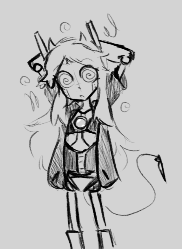 antenna arms_above_head bikini bikini_bottom bikini_top female_only femsub grey_background horns long_hair love_(skecchyartist) original robot robot_girl simple_background skecchyartist spiral spiral_eyes spiralwash_eyes sweater tail