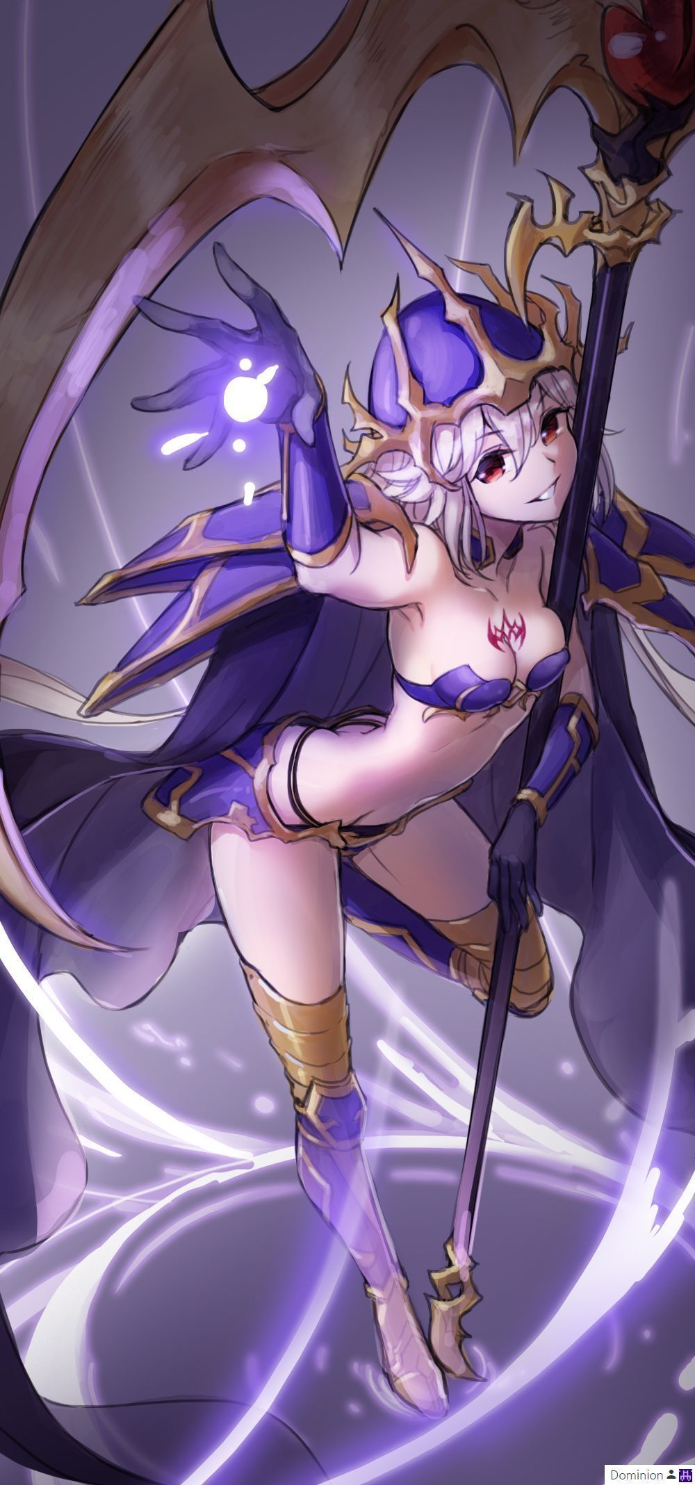 alternate_costume artist_request aura bozel_(langrisser) cape cleavage corruption dancing femsub gloves glowing grey_hair happy_trance helmet langrisser licorice_(langrisser) magic midriff navel pole_dancing possession red_eyes short_hair smile tattoo weapon