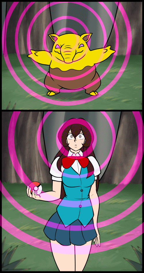 animated animated_gif brown_hair drowzee femsub giselle_(pokemon) instant_loss katsiika large_breasts long_hair nintendo pokeball pokemon school_uniform spiral symbol_in_eyes