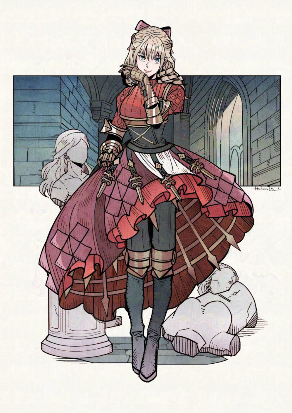 alternate_costume blonde_hair clothed corset dress eye_color_change femsub gauntlets gloves green_eyes herheim looking_at_viewer norbelle_(unicorn_overlord) possession scarlett_(unicorn_overlord) shoes slit_pupils smile spoilers standing statue unicorn_overlord