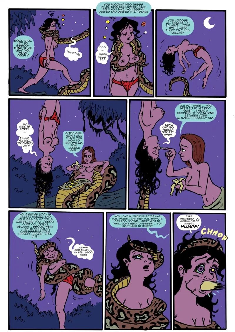 bandana bicooo6 black_hair brown_hair coils comic femdom femsub happy_trance hypnotized_walking kaa_eyes loincloth long_hair naga_girl original speech_bubble topless