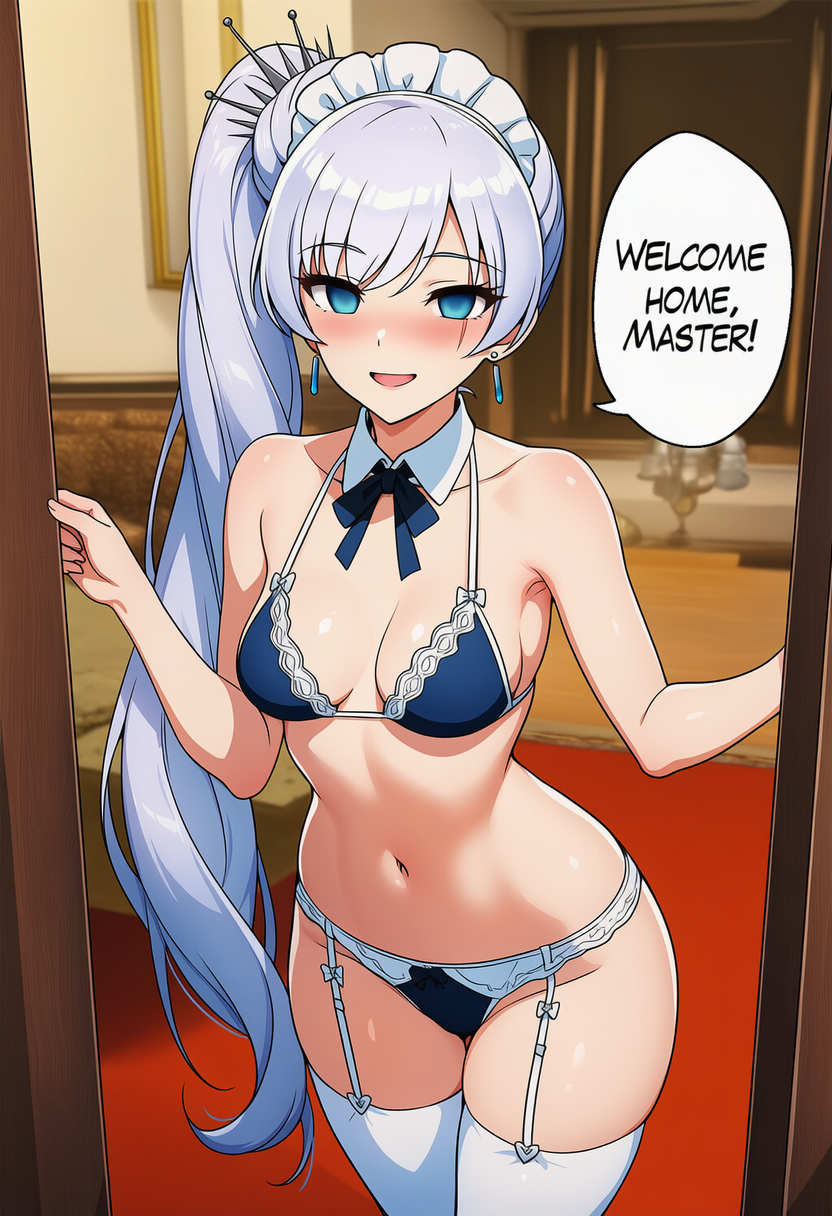 ai_art blue_eyes blush bra collarbone dialogue earrings empty_eyes english_text female_only femsub garter_straps hair_ornament lingerie looking_at_viewer maid maid_headdress navel open_mouth panties perfect_idiot ribbon rwby scar side_ponytail small_breasts smile solo speech_bubble text thighhighs underwear very_long_hair weiss_schnee white_hair