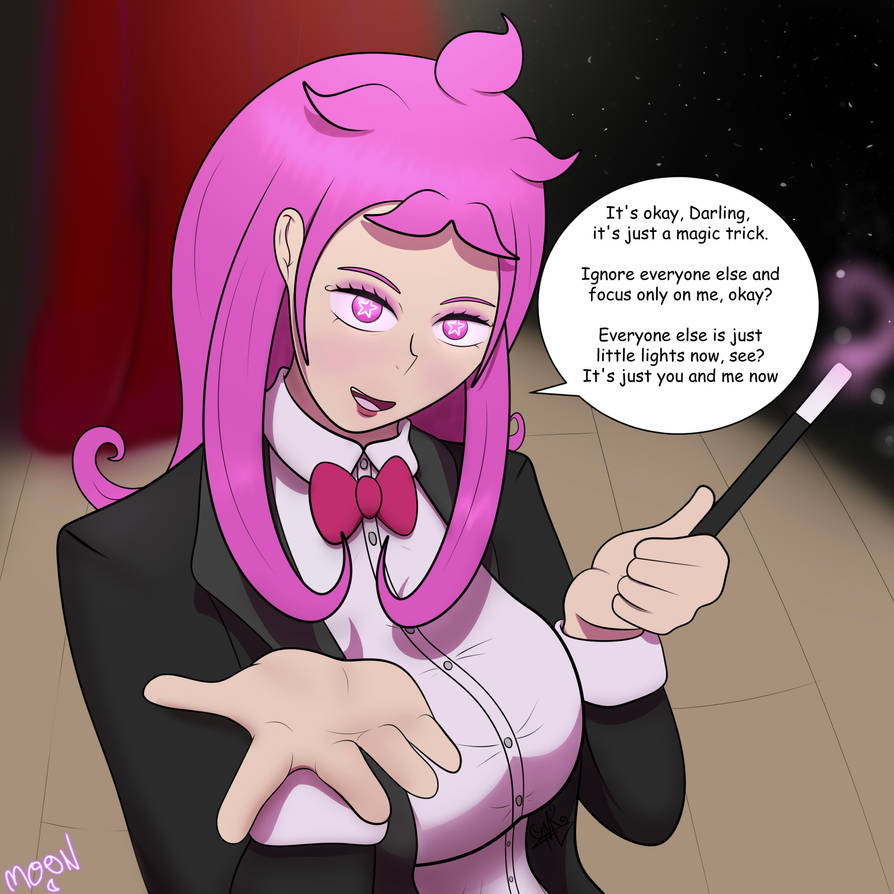 bow_tie clothed english_text eyeshadow female_only femdom hypnovember lipstick m00n_key magic magic_wand magician open_mouth pink_eyes pink_hair pov pov_sub smirk speech_bubble stage_hypnosis symbol_in_eyes text