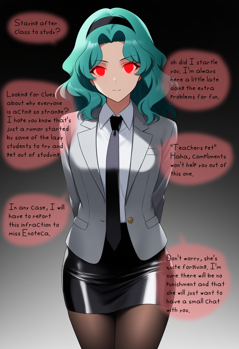 ai_art arms_behind_back corruption cx9000_(generator) english_text evil_smile eyebrows_visible_through_hair femsub glowing_eyes gradient_background green_hair pantyhose red_eyes sailor_moon_(series) sailor_neptune simple_background smile speech_bubble text tie