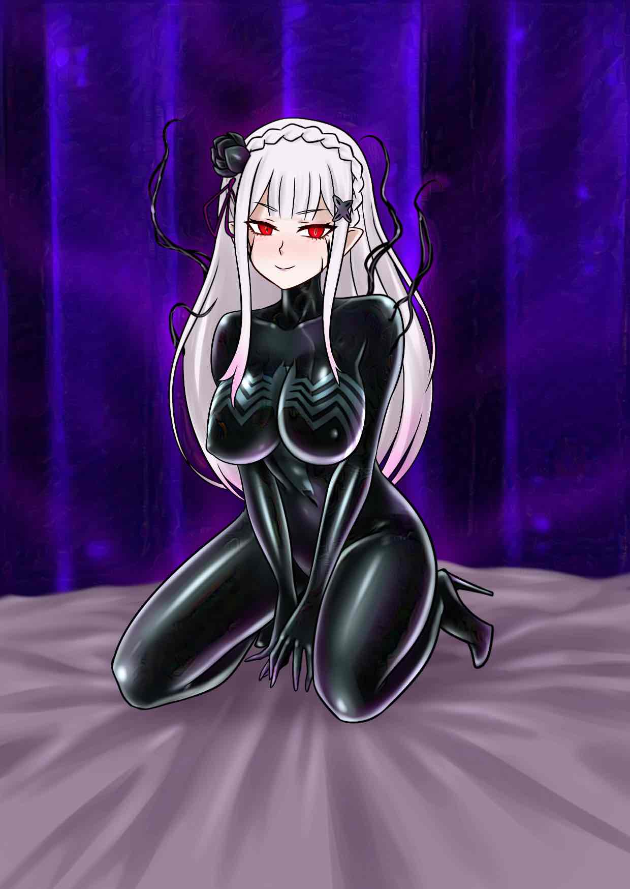 alien alternate_costume androgynous_dom blackftos breasts cleavage crossover emilia_(re:zero) evil_smile femsub flower flower_in_hair high_heels kneeling living_costume long_hair looking_at_viewer marvel_comics parasite possession re:zero_starting_life_in_another_world red_eyes smile spider-man_(series) symbiote tentacles venom_(marvel) white_hair