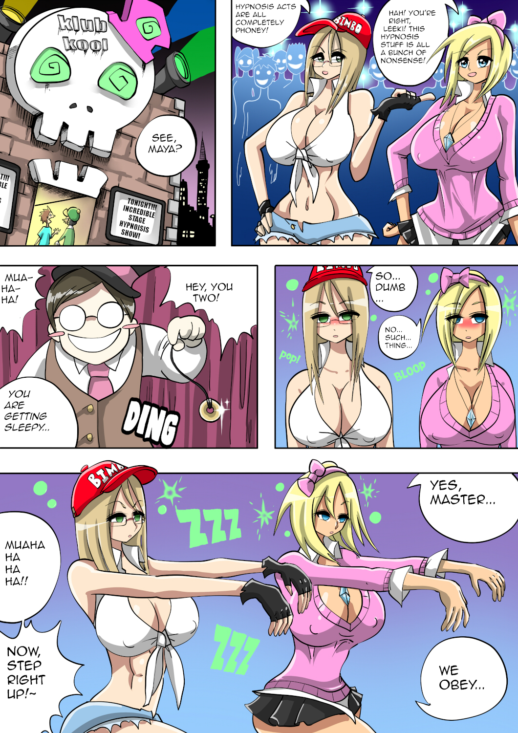 blonde_hair blue_eyes bubble cleavage clothed comic denial dialogue drool erect_nipples_under_clothes femsub fingerless_gloves glasses gloves green_eyes hair_ribbon hand_on_hip hat heavy_eyelids hypnotized_walking jean_shorts leeki_okama_(mizustyle) long_hair maledom maya_fareye_(mizustyle) miniskirt mizustyle multiple_girls multiple_subs navel necklace open_mouth original school_uniform short_hair short_shorts shorts skirt smile sparkle speech_bubble sweater tank_top text tied_shirt zombie_walk