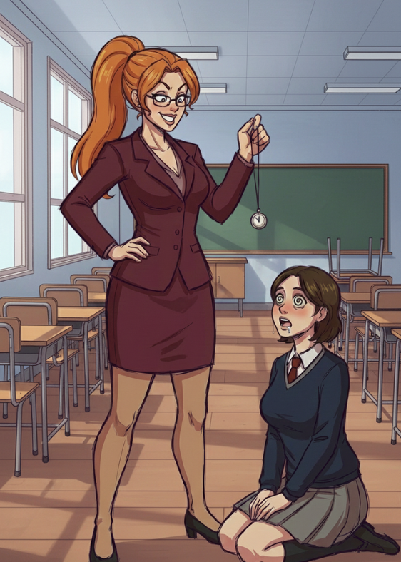 ai_art blackboard brown_hair classroom clothed drool female_only femsub kneeling maddie_kim mrs._erickson_(zko) multiple_girls orange_hair original pantheon_(series) pendulum pocket_watch ponytail school_uniform short_hair skirt smirk spiral spiral_eyes spiralwash_eyes standing suit sweater teacher teacher_dom tie zupern0va_(manipper)