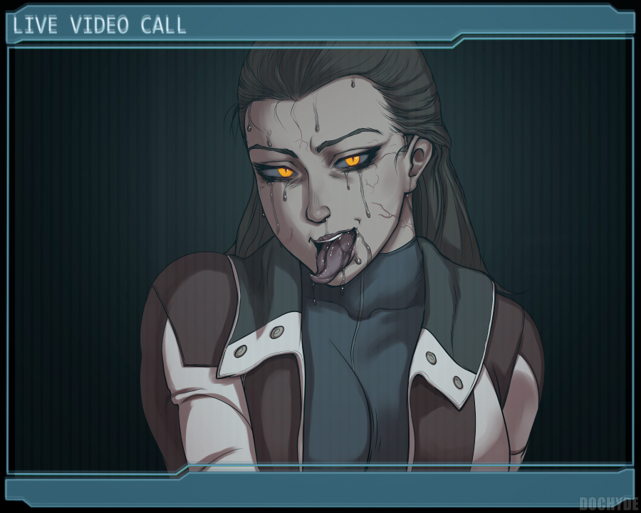 alternate_color_scheme breasts corruption dead_space dochyde english_text femsub glowing_eyes kendra_daniels light_skin long_hair nipples orange_eyes parasite seductive_smile tagme text tongue tongue_out transformation veins