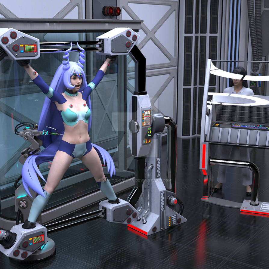blue_hair bondage boots daz_studio gag injection maledom microchip my_hero_academia navel nejire_hado restrained spread_legs super_hero tech_control torn_clothes very_long_hair watermark yukitokuroya