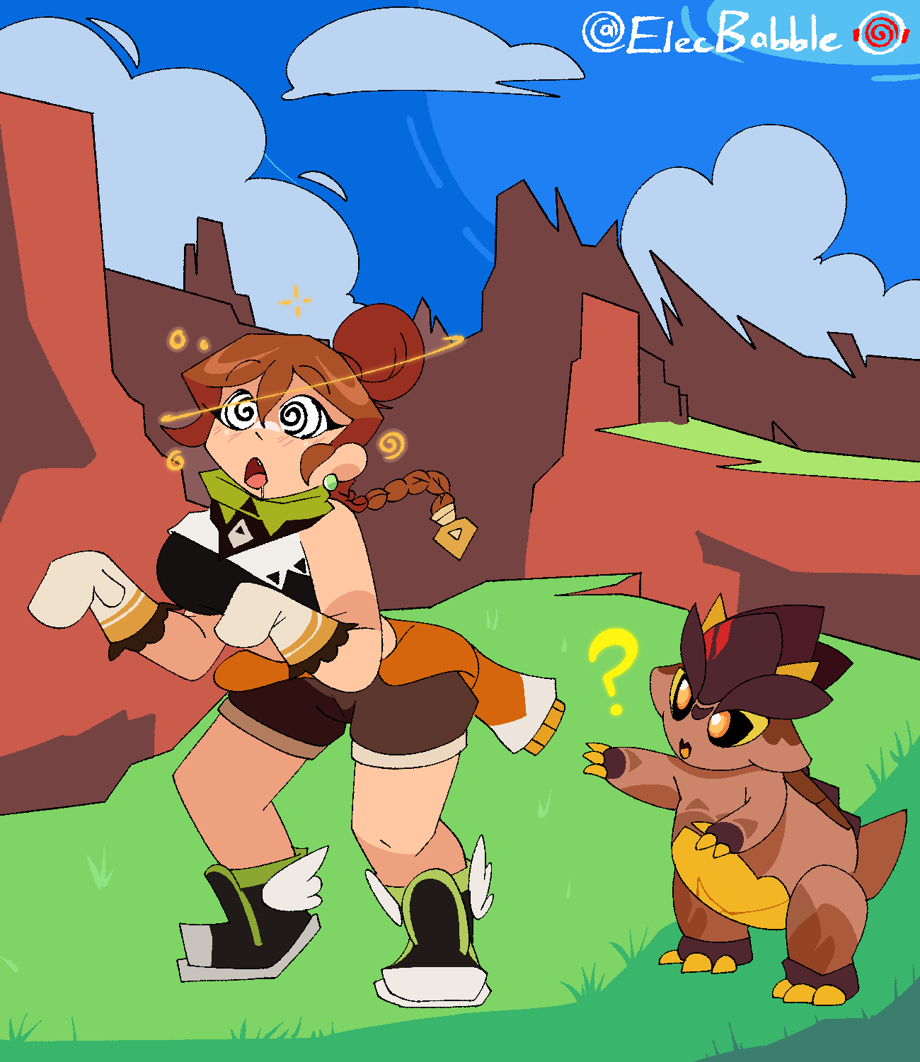 accidental_hypnosis boots braid dinosaur elecbabble femsub genshin_impact milf mittens original pet_play red_hair self_hypnosis shorts single_hair_bun spiral_eyes svetta_(svettak92) sweater