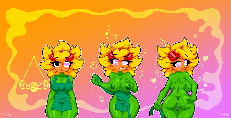 anus apron ass bottomless breasts drool femsub green_skin heart heart_eyes nnyd00 nude open_mouth orange_skin pendulum pink_eyes pixel_art plant plant_girl plants_vs._zombies smile solar_flare spread_anus tagme topless