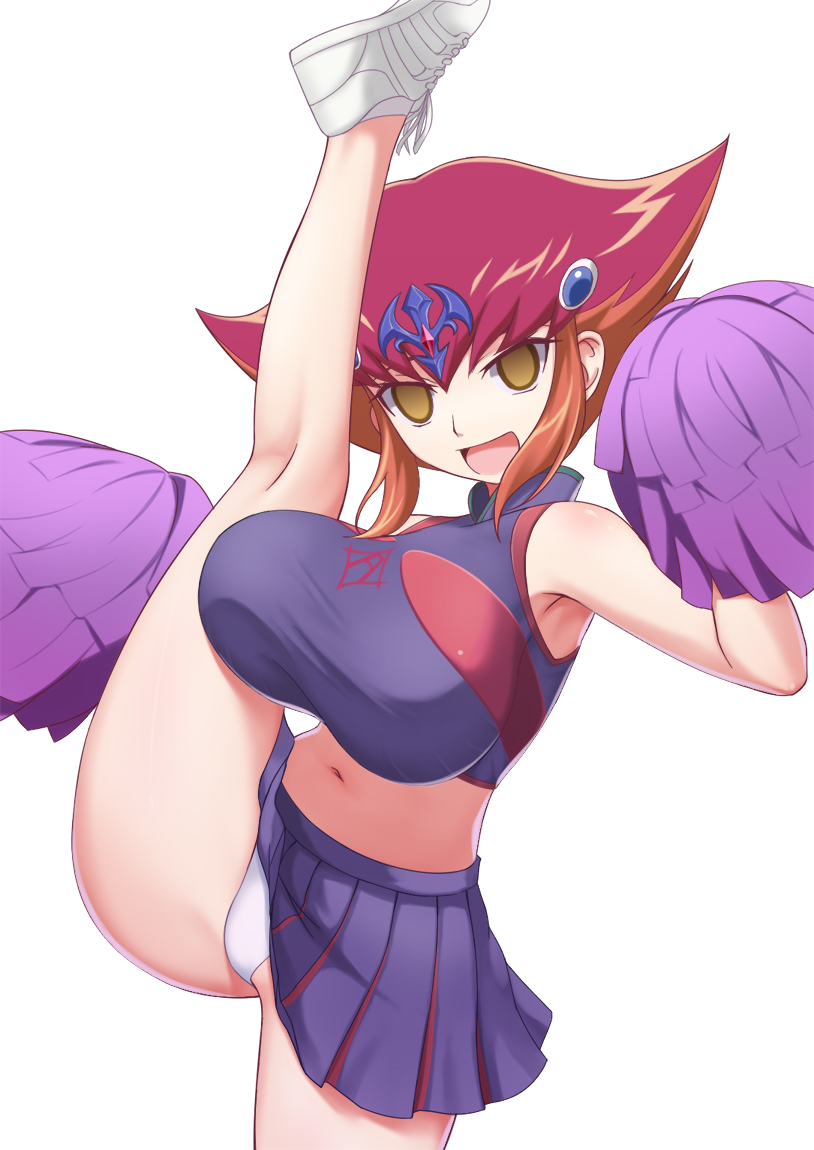 anna_kaboom blush breasts cheerleader control_indicator empty_eyes enemy_conversion femsub happy_trance huge_breasts large_breasts legs_up light_skin looking_at_viewer multicolored_hair open_mouth orange_hair otl_orz panties pink_hair short_hair skirt skirt_lift smile standing_split topless v visor yu-gi-oh! yu-gi-oh!_zexal