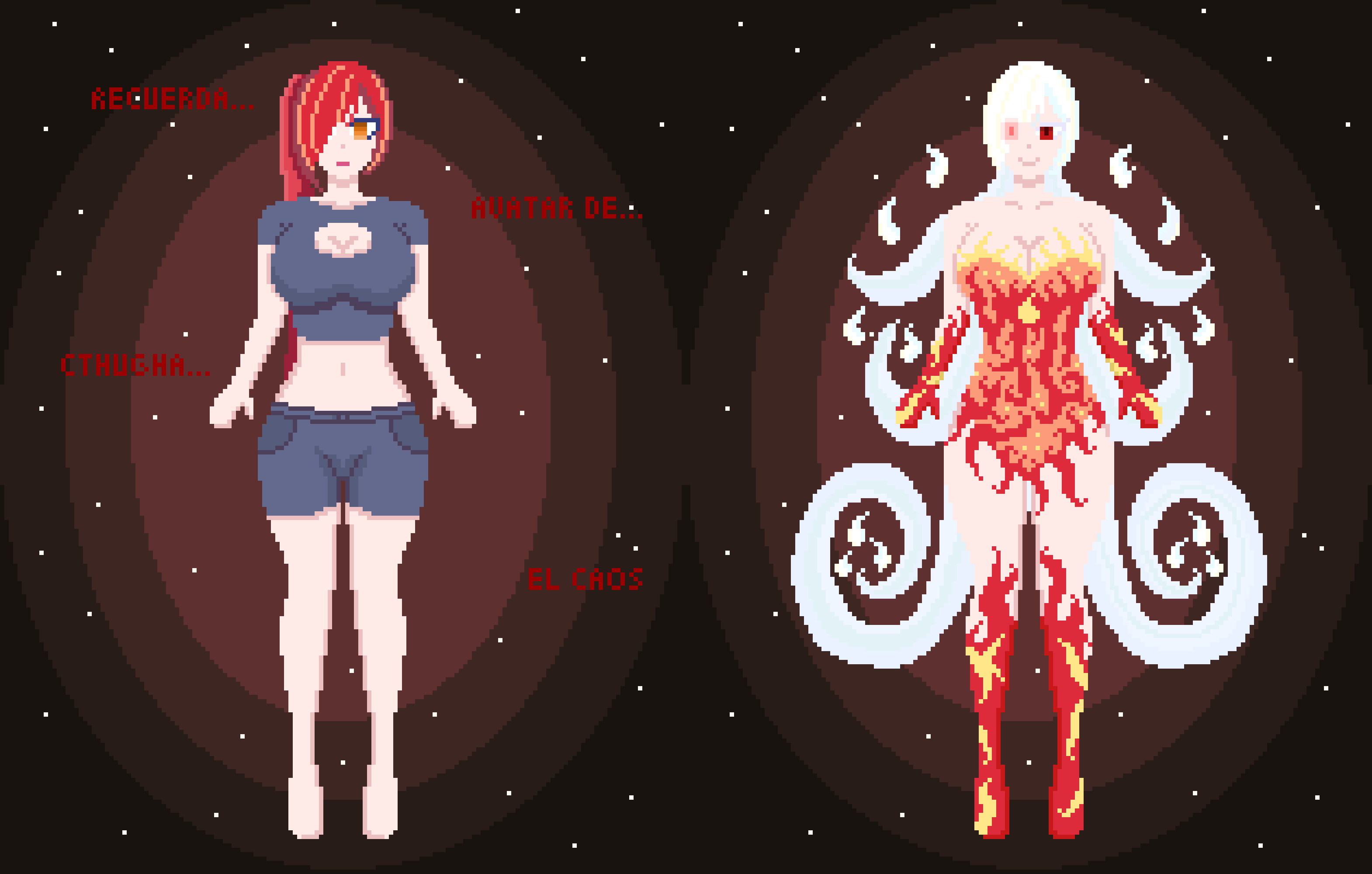 alternate_costume corruption flame hypnovember ku_thuga nyarukavt orange_eyes original pixel_art red_eyes red_hair text white_hair white_skin