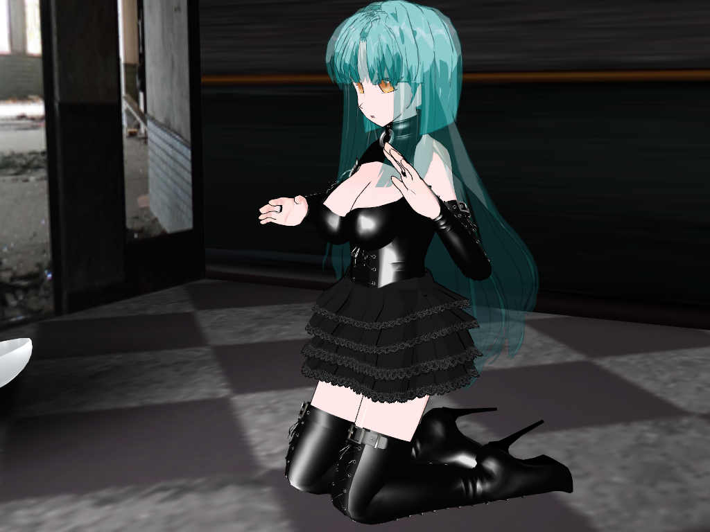 3d boots cleavage corset cyan_hair fingerless_gloves flamekin ghost_girl gothification high_heels kneeling large_breasts leather long_hair possession short_hair skirt thigh_boots transformation transgender yellow_eyes