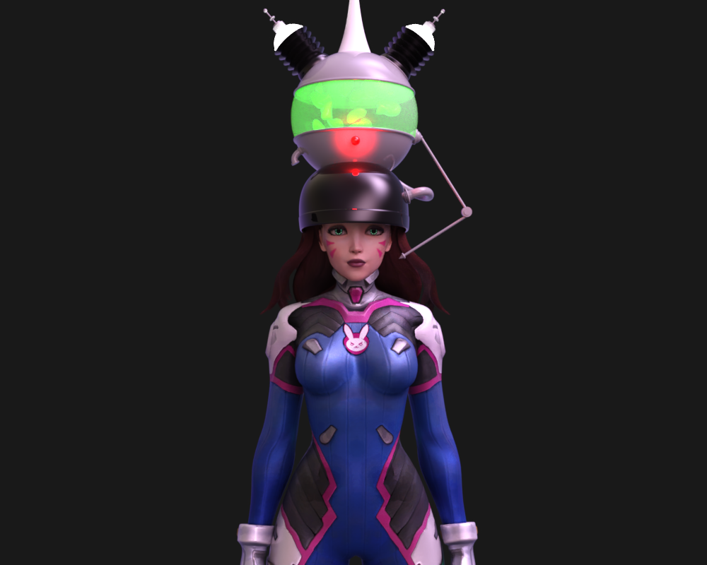 3d black_background bodysuit brown_hair d.va empty_eyes expressionless face_paint female_only femsub gloves green_eyes helmet hypnovideotoo jimmy_neutron_(series) lipstick long_hair makeup overwatch shoulder_pads simple_background solo standing standing_at_attention tech_control yolkian