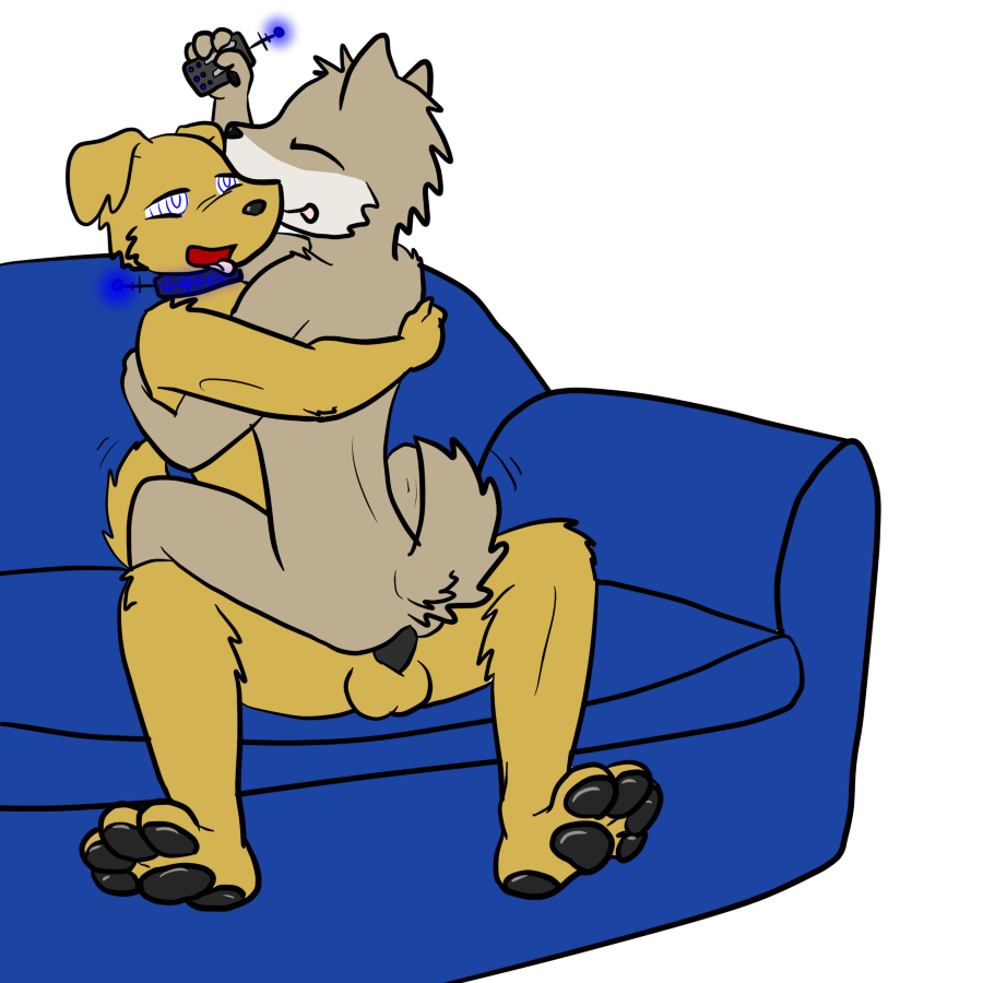 anal antenna bare_legs barefoot blue_eyes bottomless closed_eyes collar couch dog_boy erection furry grey_skin happy_trance heavy_eyelids hug hypnotic_accessory immelmann male_only maledom malesub non-human_feet nude penis remote_control ring_eyes sex simple_background sitting sitting_on_lap smile tech_control tongue tongue_out topless white_background wolf_boy yaoi yellow_skin