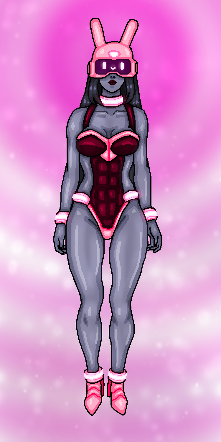 bunnysuit dark_elf dark_skin helmet looking_at_viewer mspainter simple_background standing_at_attention tech_control very_long_hair z-tech_(zko) zko