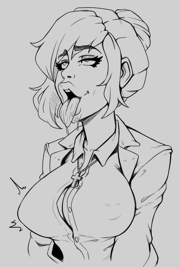 absurdres bimbofication breast_expansion breasts cleavage collarbone crossed_eyes drool erect_nipples_under_clothes eye_roll eyelashes female_only femsub kate_marsh large_breasts large_lips life_is_strange mind_break monochrome open_mouth reliusmax sketch tongue tongue_out transformation