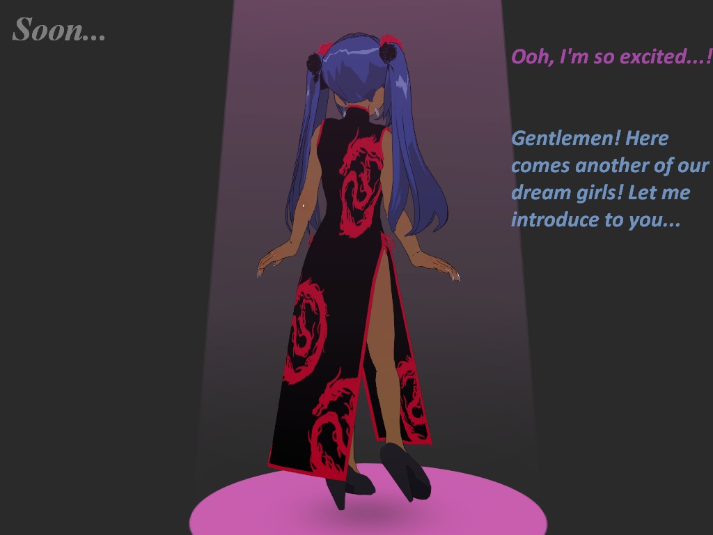 3d bimbofication blue_hair china_dress dark_skin earrings flamekin hair_ornament high_heels text twintails