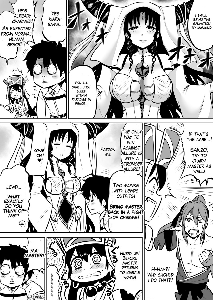 aegis_y_(translator) angry breasts charm_(spell) cleavage closed_eyes comic demon_girl dialogue earrings eyebrows_visible_through_hair fate/extra_ccc fate/grand_order fate_(series) femdom greyscale hard_translated hat heart horns humor instant_loss jewelry kiara_sessyoin koutensugano large_breasts long_hair malesub monochrome multiple_boys multiple_girls necklace panchovix_(typesetter) right_to_left ritsuka_fujimaru_(male) short_hair shrunken_irises sideboob simple_background speech_bubble spiral_eyes staff tawara_touta translated unbirthing veil very_long_hair weapon xuanzang