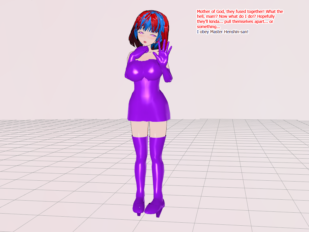 3d 3d_custom_girl blue_hair dress fusion gloves henshin-san multicolored_hair purple_eyes red_hair simple_background text thigh_boots