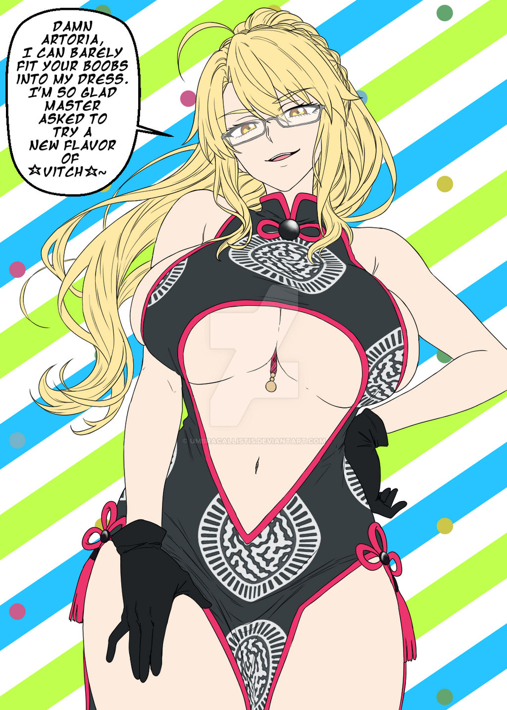 ahoge artoria_pendragon artoria_pendragon_(lancer) blonde_hair braid breasts china_dress cleavage cleavage_cutout dress english_text evil_smile eyebrows_visible_through_hair fate/grand_order fate_(series) femdom femsub glasses gloves hand_on_hip koyanskaya large_breasts long_hair midriff multiple_doms navel open_mouth ponytail possession sideboob simple_background smile smug speech_bubble text tight_clothing umbra_callistis underboob watermark yellow_eyes
