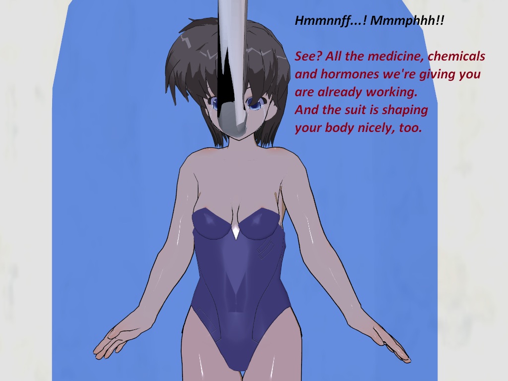 3d cleavage corset flamekin force_feeding grey_hair mechanical_arm short_hair stasis_tank text transgender