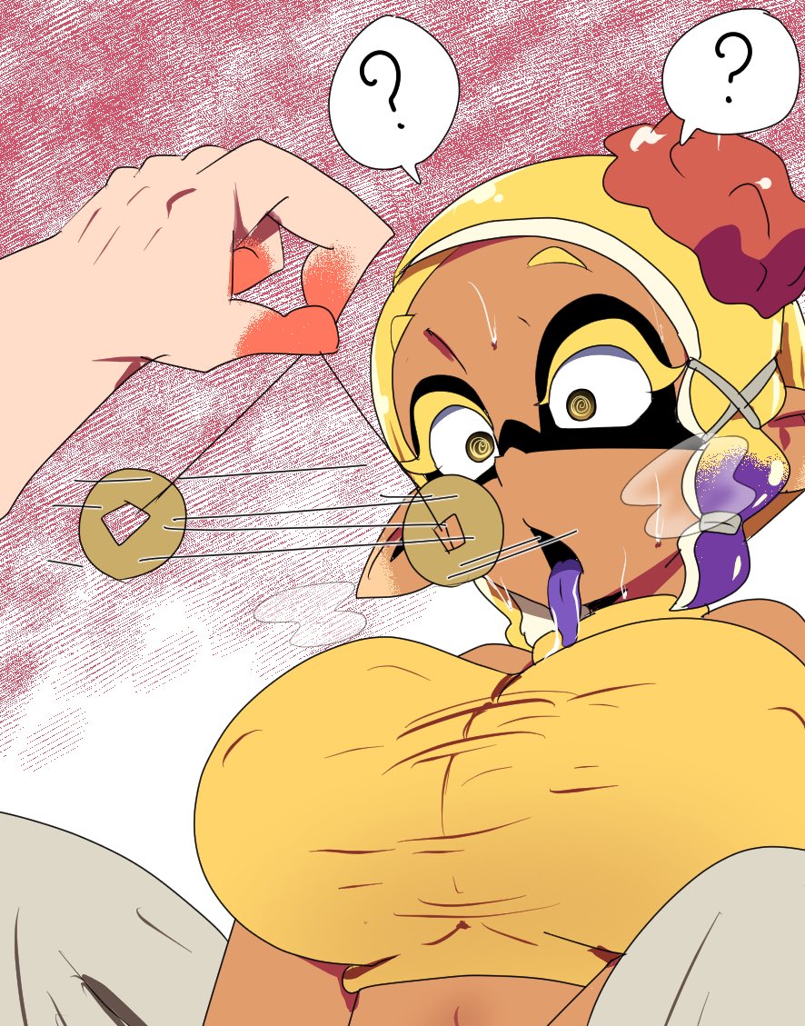 blonde_hair breasts breath chicken_rib coin confused crop_top dark_skin elf_ears erect_nipples_under_clothes femsub frye_(splatoon) gradient_background hair_ornament large_breasts light_skin nintendo open_mouth pendulum shiver_(splatoon) short_hair simple_background speech_bubble spiral_eyes splatoon splatoon_3 spread_legs sweat tongue tongue_out yellow_eyes