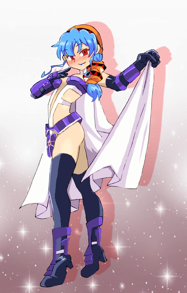 alternate_costume blue_hair blush breasts cape clothed corruption dark_goddess eye_color_change female_only femsub gloves happy_trance hat high_heels lipstick looking_at_viewer luna_noa lunar_(game) makeup onnaski red_eyes smile solo sparkle thighhighs thighs tiptoes